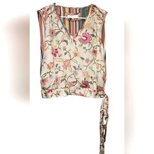 Burning Torch Floral V-Neck Tie-Waist Sleeveless Top, SILK Y2k